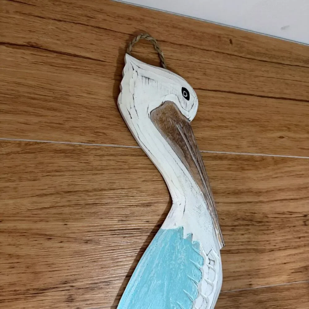 Hand Carved Wood Pelican Wall Plaque Aqua Coastal Rope Accent 24 Inch